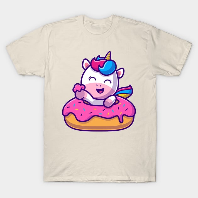 Cute Unicorn Eating Doughnut Cartoon T-Shirt by Catalyst Labs